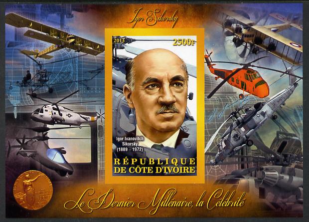 Ivory Coast 2013 Celebrities of the last Millennium - Igor Sikorsky imperf deluxe sheet containing one rectangular value unmounted mint, stamps on personalities, stamps on millennium, stamps on aviation, stamps on helicopters, stamps on sikorsky, stamps on 