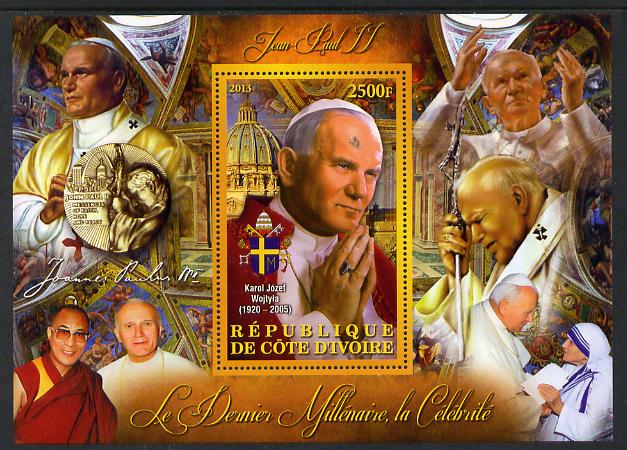 Ivory Coast 2013 Celebrities of the last Millennium - Pope John Paul II perf deluxe sheet containing one rectangular value unmounted mint, stamps on , stamps on  stamps on personalities, stamps on  stamps on millennium, stamps on  stamps on pope, stamps on  stamps on popes, stamps on  stamps on religion