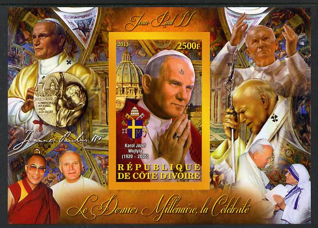 Ivory Coast 2013 Celebrities of the last Millennium - Pope John Paul II imperf deluxe sheet containing one rectangular value unmounted mint, stamps on , stamps on  stamps on personalities, stamps on  stamps on millennium, stamps on  stamps on pope, stamps on  stamps on popes, stamps on  stamps on religion