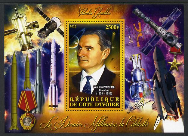 Ivory Coast 2013 Celebrities of the last Millennium - Valentin Glouchko (rocket engineer) perf deluxe sheet containing one rectangular value unmounted mint, stamps on , stamps on  stamps on personalities, stamps on  stamps on millennium, stamps on  stamps on space, stamps on  stamps on rockets, stamps on  stamps on satellites