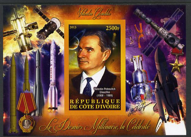 Ivory Coast 2013 Celebrities of the last Millennium - Valentin Glouchko (rocket engineer) imperf deluxe sheet containing one rectangular value unmounted mint, stamps on , stamps on  stamps on personalities, stamps on  stamps on millennium, stamps on  stamps on space, stamps on  stamps on rockets, stamps on  stamps on satellites