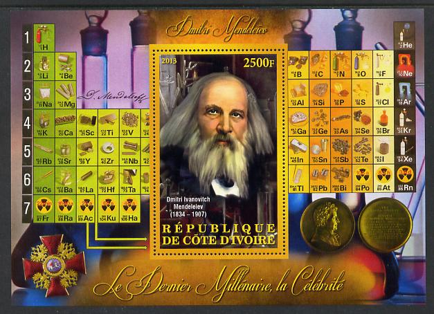 Ivory Coast 2013 Celebrities of the last Millennium - Dmitri Mendeleiev (chemist) perf deluxe sheet containing one rectangular value unmounted mint, stamps on personalities, stamps on millennium, stamps on chemistry, stamps on science