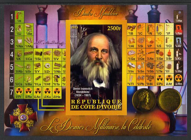 Ivory Coast 2013 Celebrities of the last Millennium - Dmitri Mendeleiev (chemist) imperf deluxe sheet containing one rectangular value unmounted mint, stamps on , stamps on  stamps on personalities, stamps on  stamps on millennium, stamps on  stamps on chemistry, stamps on  stamps on science