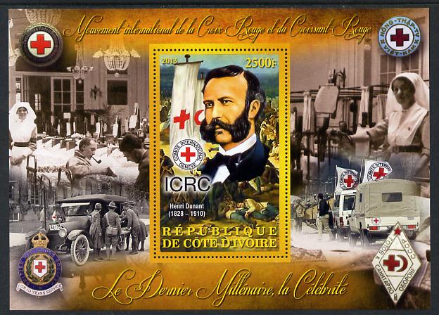 Ivory Coast 2013 Celebrities of the last Millennium - Henri Dunant perf deluxe sheet containing one rectangular value unmounted mint, stamps on personalities, stamps on millennium, stamps on red cross, stamps on nobel, stamps on peace, stamps on medical, stamps on ambulances, stamps on nurses, stamps on 