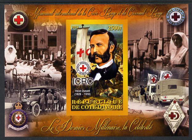 Ivory Coast 2013 Celebrities of the last Millennium - Henri Dunant imperf deluxe sheet containing one rectangular value unmounted mint, stamps on personalities, stamps on millennium, stamps on red cross, stamps on nobel, stamps on peace, stamps on medical, stamps on ambulances, stamps on nurses, stamps on 