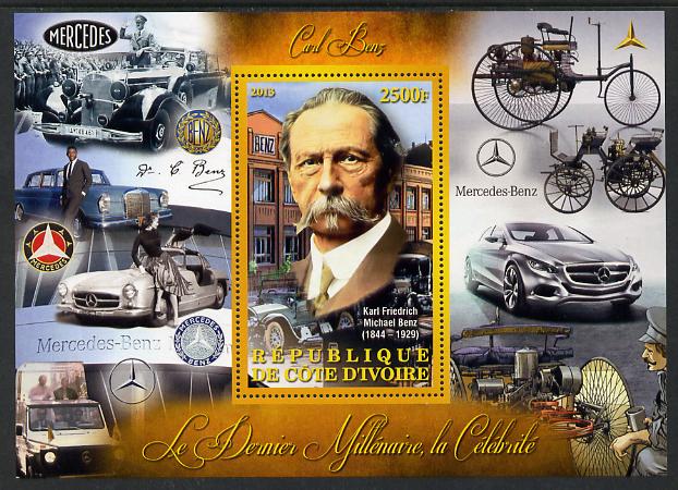 Ivory Coast 2013 Celebrities of the last Millennium - Karl Benz perf deluxe sheet containing one rectangular value unmounted mint, stamps on personalities, stamps on millennium, stamps on benz, stamps on cars, stamps on mercedes, stamps on 