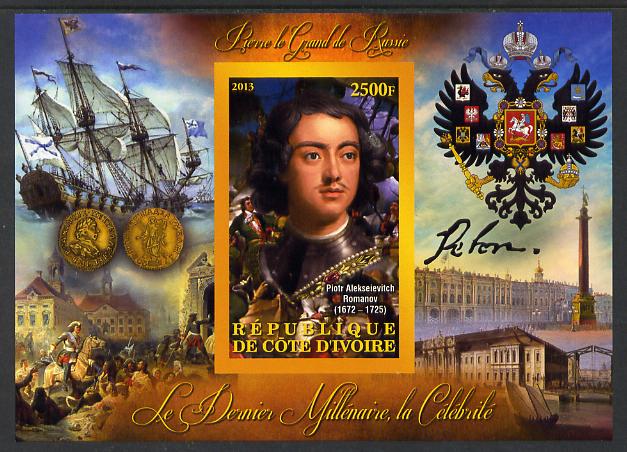 Ivory Coast 2013 Celebrities of the last Millennium - Pyotr Alexeyevich Romanov (Peter the Great) imperf deluxe sheet containing one rectangular value unmounted mint, stamps on personalities, stamps on millennium, stamps on militaria, stamps on ships, stamps on battles