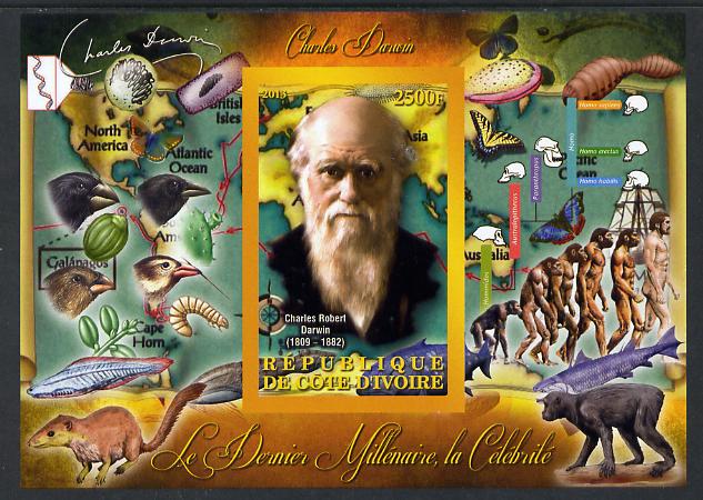 Ivory Coast 2013 Celebrities of the last Millennium - Charles Darwin imperf deluxe sheet containing one rectangular value unmounted mint, stamps on personalities, stamps on millennium, stamps on darwin, stamps on science, stamps on animals