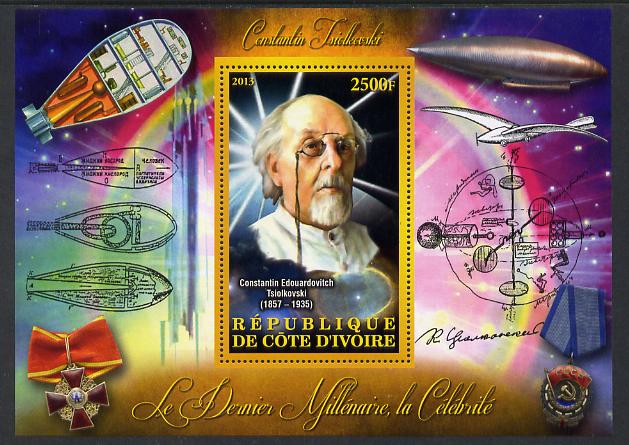 Ivory Coast 2013 Celebrities of the last Millennium - Konstantin Tsiolkovsky (rocket engineer) perf deluxe sheet containing one rectangular value unmounted mint, stamps on , stamps on  stamps on personalities, stamps on  stamps on millennium, stamps on  stamps on space, stamps on  stamps on rockets, stamps on  stamps on 