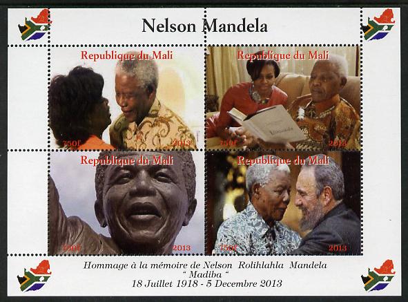 Mali 2013 Nelson Mandela #3 perf sheetlet containing four values unmounted mint. Note this item is privately produced and is offered purely on its thematic appeal with Map shaped Flag of South Africa in border, stamps on , stamps on  stamps on , stamps on  stamps on maps, stamps on  stamps on flags, stamps on  stamps on personalities, stamps on  stamps on mandela, stamps on  stamps on nobel, stamps on  stamps on peace, stamps on  stamps on racism, stamps on  stamps on human rights