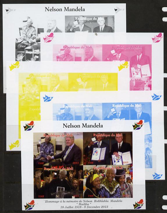 Mali 2013 Nelson Mandela #4 sheetlet containing four values - the set of 5 imperf progressive colour proofs comprising the 4 basic colours plus all 4-colour composite unmounted mint with Map shaped Flag of South Africa in border, stamps on , stamps on  stamps on personalities, stamps on  stamps on mandela, stamps on  stamps on nobel, stamps on  stamps on peace, stamps on  stamps on racism, stamps on  stamps on human rights, stamps on  stamps on clinton, stamps on  stamps on usa presidents, stamps on  stamps on maps, stamps on  stamps on flags