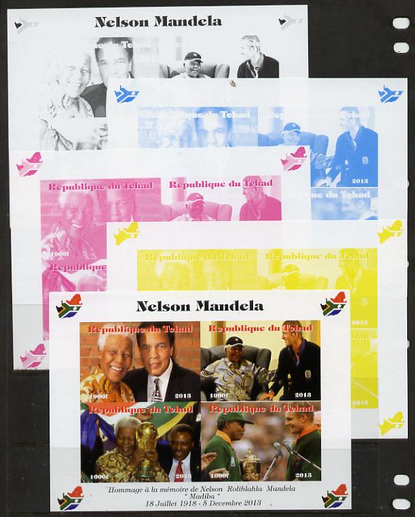 Chad 2013 Nelson Mandela #2 sheetlet containing four values - the set of 5 imperf progressive colour proofs comprising the 4 basic colours plus all 4-colour composite unmounted mint with Map shaped Flag of South Africa in border, stamps on , stamps on  stamps on personalities, stamps on  stamps on mandela, stamps on  stamps on nobel, stamps on  stamps on peace, stamps on  stamps on racism, stamps on  stamps on human rights, stamps on  stamps on  ali , stamps on  stamps on boxing, stamps on  stamps on scouts, stamps on  stamps on maps, stamps on  stamps on flags