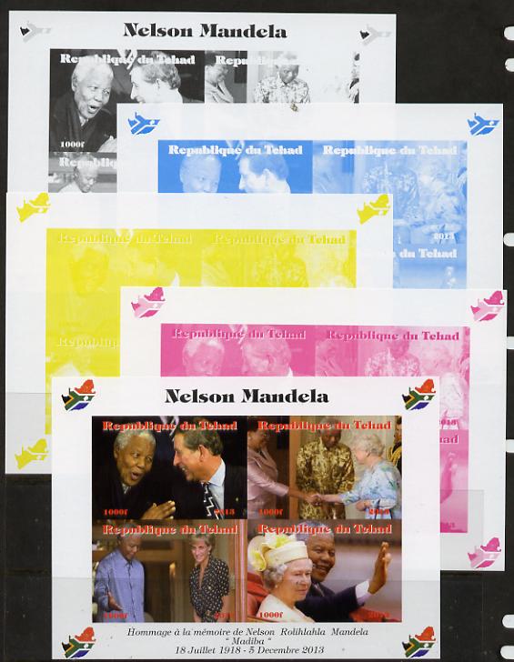 Chad 2013 Nelson Mandela #3 sheetlet containing four values - the set of 5 imperf progressive colour proofs comprising the 4 basic colours plus all 4-colour composite unmounted mint with Map shaped Flag of South Africa in border, stamps on , stamps on  stamps on personalities, stamps on  stamps on mandela, stamps on  stamps on nobel, stamps on  stamps on peace, stamps on  stamps on racism, stamps on  stamps on human rights, stamps on  stamps on royalty, stamps on  stamps on charles, stamps on  stamps on diana, stamps on  stamps on maps, stamps on  stamps on flags