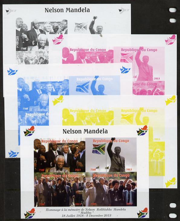 Congo 2013 Nelson Mandela #1 sheetlet containing four values - the set of 5 imperf progressive colour proofs comprising the 4 basic colours plus all 4-colour composite unmounted mint with Map shaped Flag of South Africa in border, stamps on , stamps on  stamps on personalities, stamps on  stamps on mandela, stamps on  stamps on nobel, stamps on  stamps on peace, stamps on  stamps on racism, stamps on  stamps on human rights, stamps on  stamps on maps, stamps on  stamps on flags