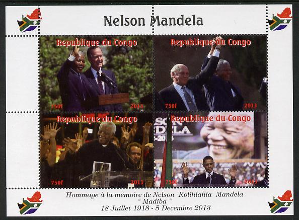 Congo 2013 Nelson Mandela #2 perf sheetlet containing four values unmounted mint. Note this item is privately produced and is offered purely on its thematic appeal with Map shaped Flag of South Africa in border, stamps on , stamps on  stamps on personalities, stamps on  stamps on mandela, stamps on  stamps on nobel, stamps on  stamps on peace, stamps on  stamps on racism, stamps on  stamps on human rights, stamps on  stamps on obama, stamps on  stamps on usa presidents, stamps on  stamps on maps, stamps on  stamps on flags