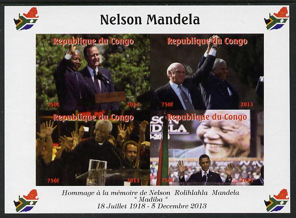 Congo 2013 Nelson Mandela #2 imperf sheetlet containing four values unmounted mint. Note this item is privately produced and is offered purely on its thematic appeal with Map shaped Flag of South Africa in border