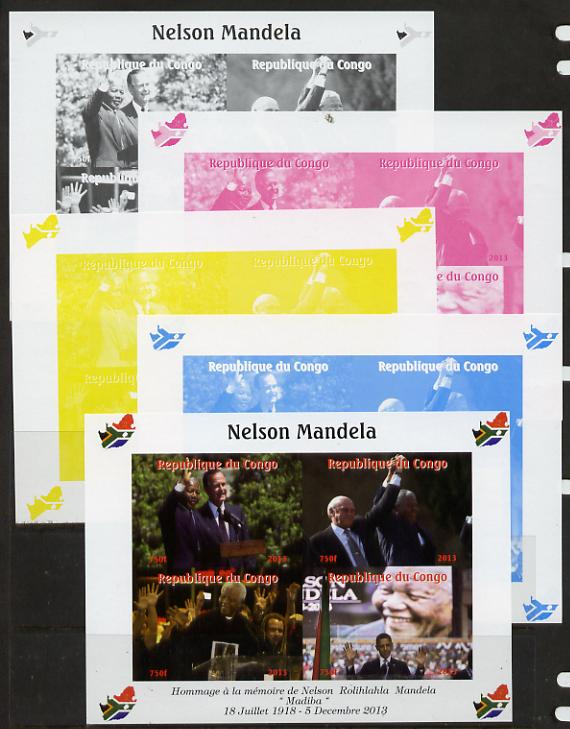 Congo 2013 Nelson Mandela #2 sheetlet containing four values - the set of 5 imperf progressive colour proofs comprising the 4 basic colours plus all 4-colour composite unmounted mint with Map shaped Flag of South Africa in border, stamps on personalities, stamps on mandela, stamps on nobel, stamps on peace, stamps on racism, stamps on human rights, stamps on obama, stamps on usa presidents, stamps on maps, stamps on flags