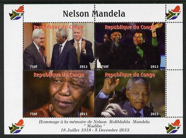 Congo 2013 Nelson Mandela #3 perf sheetlet containing four values unmounted mint. Note this item is privately produced and is offered purely on its thematic appeal with Map shaped Flag of South Africa in border, stamps on , stamps on  stamps on personalities, stamps on  stamps on mandela, stamps on  stamps on nobel, stamps on  stamps on peace, stamps on  stamps on racism, stamps on  stamps on human rights, stamps on  stamps on clinton, stamps on  stamps on usa presidents, stamps on  stamps on maps, stamps on  stamps on flags