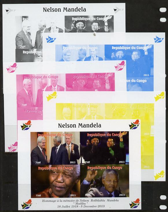 Congo 2013 Nelson Mandela #3 sheetlet containing four values - the set of 5 imperf progressive colour proofs comprising the 4 basic colours plus all 4-colour composite unmounted mint with Map shaped Flag of South Africa in border, stamps on , stamps on  stamps on personalities, stamps on  stamps on mandela, stamps on  stamps on nobel, stamps on  stamps on peace, stamps on  stamps on racism, stamps on  stamps on human rights, stamps on  stamps on clinton, stamps on  stamps on usa presidents, stamps on  stamps on maps, stamps on  stamps on flags