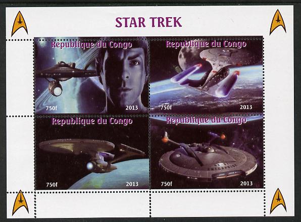 Congo 2013 Star Trek #1 perf sheetlet containing four values unmounted mint. Note this item is privately produced and is offered purely on its thematic appeal, stamps on , stamps on  stamps on sci-fi, stamps on  stamps on films, stamps on  stamps on  tv , stamps on  stamps on films, stamps on  stamps on cinema, stamps on  stamps on movies, stamps on  stamps on space