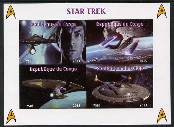 Congo 2013 Star Trek #1 imperf sheetlet containing four values unmounted mint. Note this item is privately produced and is offered purely on its thematic appeal, stamps on , stamps on  stamps on sci-fi, stamps on  stamps on films, stamps on  stamps on  tv , stamps on  stamps on films, stamps on  stamps on cinema, stamps on  stamps on movies, stamps on  stamps on space