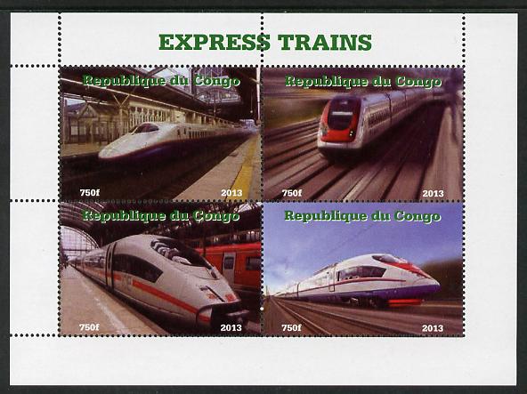 Congo 2013 Express Trains #1 perf sheetlet containing four values unmounted mint. Note this item is privately produced and is offered purely on its thematic appeal, stamps on , stamps on  stamps on railways