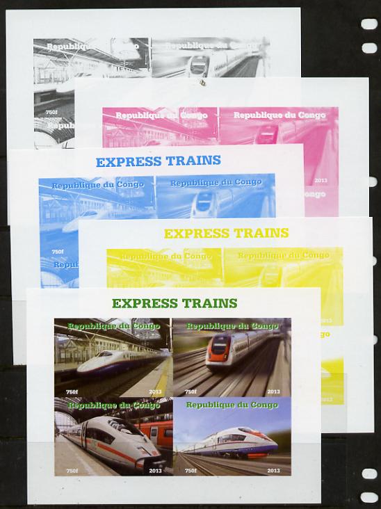 Congo 2013 Express Trains #1 sheetlet containing four values - the set of 5 imperf progressive colour proofs comprising the 4 basic colours plus all 4-colour composite unmounted mint, stamps on railways