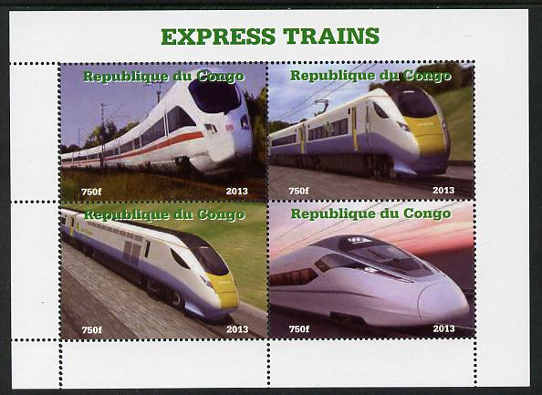 Congo 2013 Express Trains #2 perf sheetlet containing four values unmounted mint. Note this item is privately produced and is offered purely on its thematic appeal, stamps on , stamps on  stamps on railways