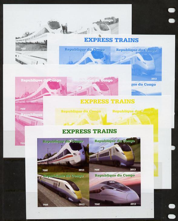 Congo 2013 Express Trains #2 sheetlet containing four values - the set of 5 imperf progressive colour proofs comprising the 4 basic colours plus all 4-colour composite un..., stamps on railways