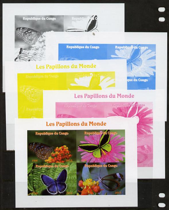 Congo 2013 Butterflies of the World #1 sheetlet containing four values - the set of 5 imperf progressive colour proofs comprising the 4 basic colours plus all 4-colour composite unmounted mint, stamps on butterflies
