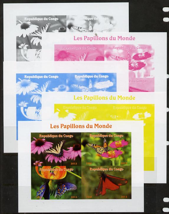 Congo 2013 Butterflies of the World #2 sheetlet containing four values - the set of 5 imperf progressive colour proofs comprising the 4 basic colours plus all 4-colour composite unmounted mint, stamps on butterflies