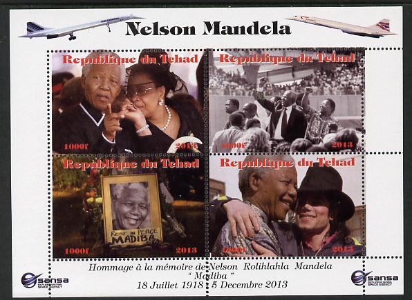 Chad 2013 Nelson Mandela #4 perf sheetlet containing four values unmounted mint. Note this item is privately produced and is offered purely on its thematic appeal. with Concorde in border, stamps on , stamps on  stamps on personalities, stamps on  stamps on mandela, stamps on  stamps on nobel, stamps on  stamps on peace, stamps on  stamps on racism, stamps on  stamps on human rights, stamps on  stamps on aviation, stamps on  stamps on concorde