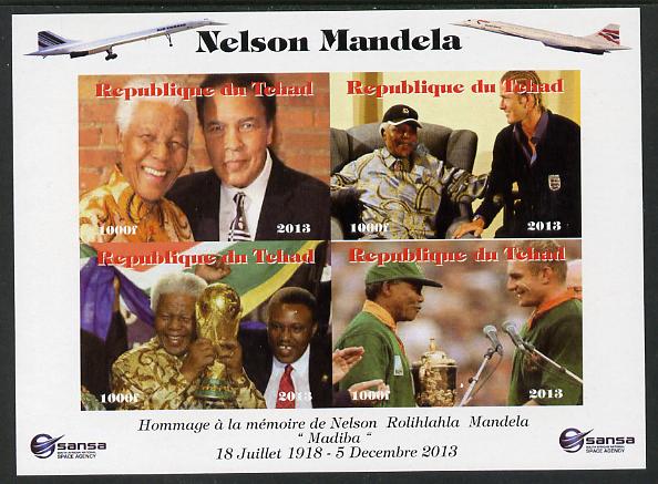 Chad 2013 Nelson Mandela #5 imperf sheetlet containing four values unmounted mint. Note this item is privately produced and is offered purely on its thematic appeal. with Concorde in border, stamps on , stamps on  stamps on personalities, stamps on  stamps on mandela, stamps on  stamps on nobel, stamps on  stamps on peace, stamps on  stamps on racism, stamps on  stamps on human rights, stamps on  stamps on  ali , stamps on  stamps on boxing, stamps on  stamps on scouts, stamps on  stamps on , stamps on  stamps on aviation, stamps on  stamps on concorde