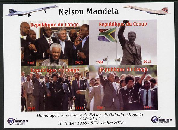 Congo 2013 Nelson Mandela #4 imperf sheetlet containing four values with Concorde in border unmounted mint. Note this item is privately produced and is offered purely on its thematic appeal. , stamps on personalities, stamps on mandela, stamps on nobel, stamps on peace, stamps on racism, stamps on human rights, stamps on aviation, stamps on concorde