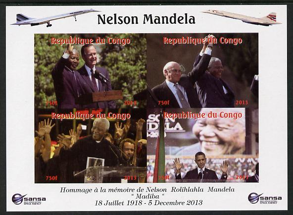 Congo 2013 Nelson Mandela #5 imperf sheetlet containing four values with Concorde in border unmounted mint. Note this item is privately produced and is offered purely on its thematic appeal. 