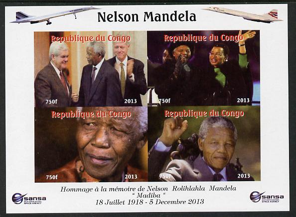 Congo 2013 Nelson Mandela #6 imperf sheetlet containing four values with Concorde in border unmounted mint. Note this item is privately produced and is offered purely on its thematic appeal. , stamps on personalities, stamps on mandela, stamps on nobel, stamps on peace, stamps on racism, stamps on human rights, stamps on clinton, stamps on usa presidents, stamps on aviation, stamps on concorde