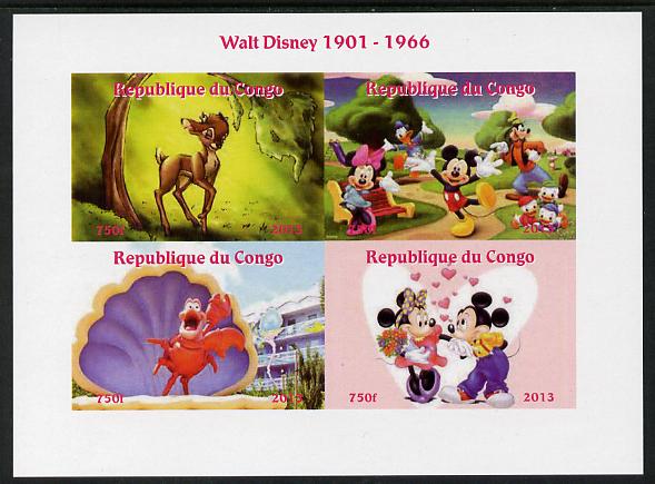 Congo 2013 Walt Disney Characters #1 imperf sheetlet containing four values unmounted mint. Note this item is privately produced and is offered purely on its thematic appeal, stamps on , stamps on  stamps on disney, stamps on  stamps on cartoons, stamps on  stamps on films, stamps on  stamps on movies, stamps on  stamps on cinema