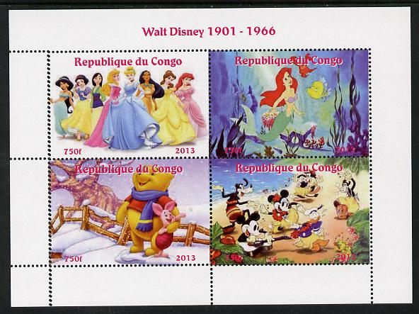 Congo 2013 Walt Disney Characters #2 perf sheetlet containing four values unmounted mint. Note this item is privately produced and is offered purely on its thematic appeal, stamps on disney, stamps on cartoons, stamps on films, stamps on movies, stamps on cinema, stamps on teddy bears