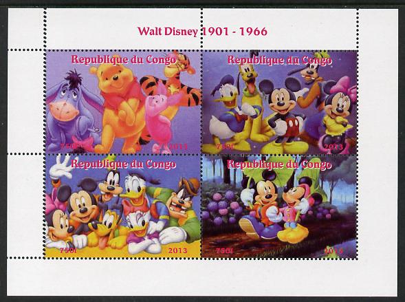 Congo 2013 Walt Disney Characters #3 perf sheetlet containing four values unmounted mint. Note this item is privately produced and is offered purely on its thematic appeal, stamps on disney, stamps on cartoons, stamps on films, stamps on movies, stamps on cinema, stamps on teddy bears