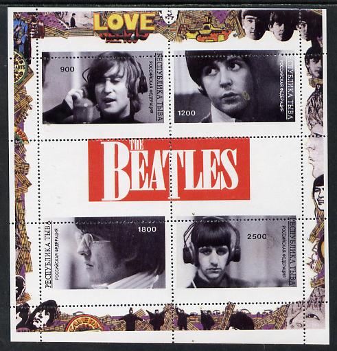 Touva 1996 The Beatles perf sheetlet containing 4 values & 2 labels with perforations misplaced unmounted mint, stamps on entertainments, stamps on music, stamps on pops, stamps on beatles