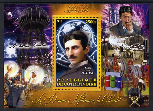 Ivory Coast 2013 Celebrities of the last Millennium - Nikola Tesla perf deluxe sheet containing one rectangular value unmounted mint, stamps on , stamps on  stamps on personalities, stamps on  stamps on science, stamps on  stamps on energy, stamps on  stamps on electrical, stamps on  stamps on 