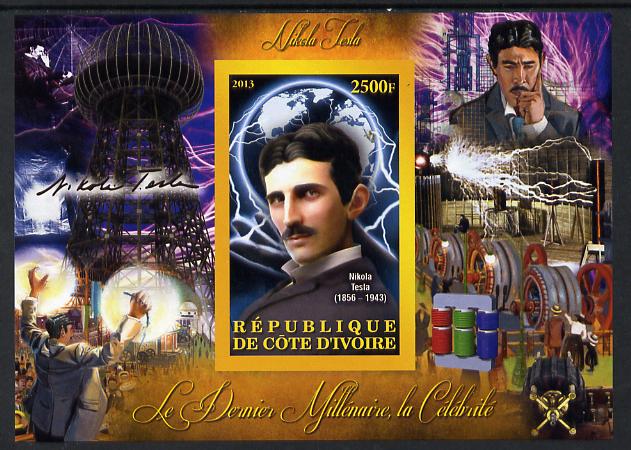 Ivory Coast 2013 Celebrities of the last Millennium - Nikola Tesla imperf deluxe sheet containing one rectangular value unmounted mint, stamps on , stamps on  stamps on personalities, stamps on  stamps on science, stamps on  stamps on energy, stamps on  stamps on electrical, stamps on  stamps on 