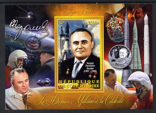 Ivory Coast 2013 Celebrities of the last Millennium - Sergei Korolev (rocket engineer) perf deluxe sheet containing one rectangular value unmounted mint, stamps on , stamps on  stamps on personalities, stamps on  stamps on space, stamps on  stamps on rockets, stamps on  stamps on satellites, stamps on  stamps on medals