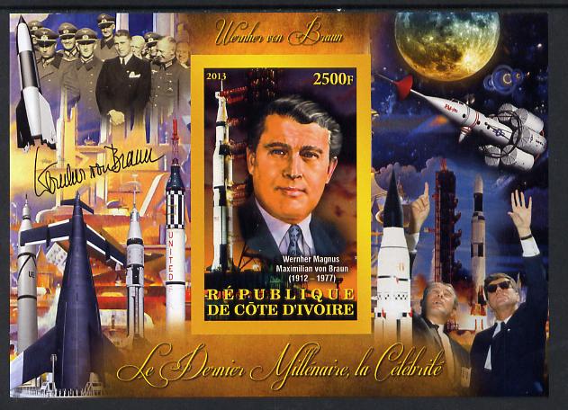 Ivory Coast 2013 Celebrities of the last Millennium - Wernher von Braun (rocket engineer) imperf deluxe sheet containing one rectangular value unmounted mint, stamps on personalities, stamps on space, stamps on rockets, stamps on satellites, stamps on 