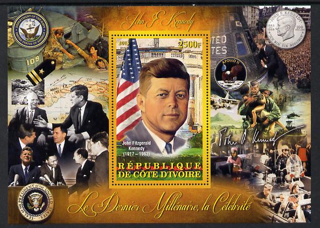 Ivory Coast 2013 Celebrities of the last Millennium - John F Kennedy perf deluxe sheet containing one rectangular value unmounted mint, stamps on personalities, stamps on kennedy, stamps on usa presidents, stamps on americana, stamps on militaria, stamps on medals, stamps on 