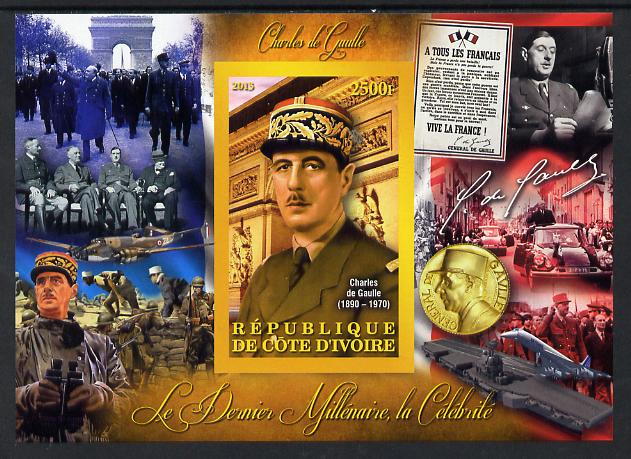 Ivory Coast 2013 Celebrities of the last Millennium - Charles de Gaulle imperf deluxe sheet containing one rectangular value unmounted mint, stamps on personalities, stamps on de gaulle, stamps on constitutions, stamps on  ww2 , stamps on militaria, stamps on aviation, stamps on medals, stamps on cars