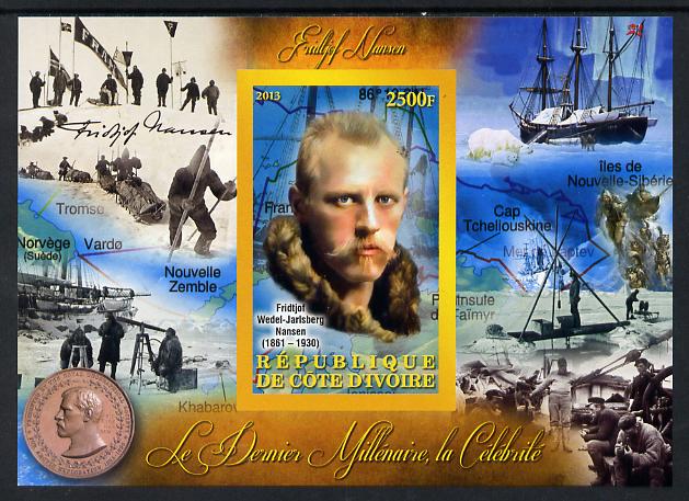 Ivory Coast 2013 Celebrities of the last Millennium - Fridtjof Nansen imperf deluxe sheet containing one rectangular value unmounted mint, stamps on , stamps on  stamps on personalities, stamps on  stamps on explorers, stamps on  stamps on polar, stamps on  stamps on nobel, stamps on  stamps on ships, stamps on  stamps on medals, stamps on  stamps on 