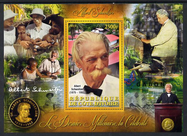 Ivory Coast 2013 Celebrities of the last Millennium - Albert Schweitzer perf deluxe sheet containing one rectangular value unmounted mint, stamps on personalities, stamps on peace, stamps on nobel, stamps on music, stamps on religion, stamps on schweitzer