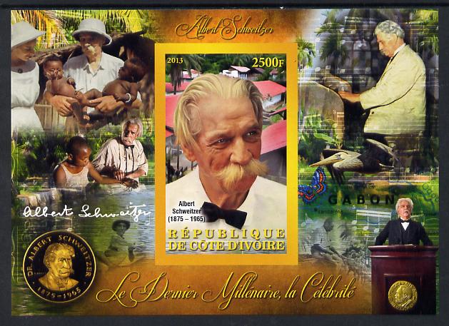 Ivory Coast 2013 Celebrities of the last Millennium - Albert Schweitzer imperf deluxe sheet containing one rectangular value unmounted mint, stamps on personalities, stamps on peace, stamps on nobel, stamps on music, stamps on religion, stamps on schweitzer