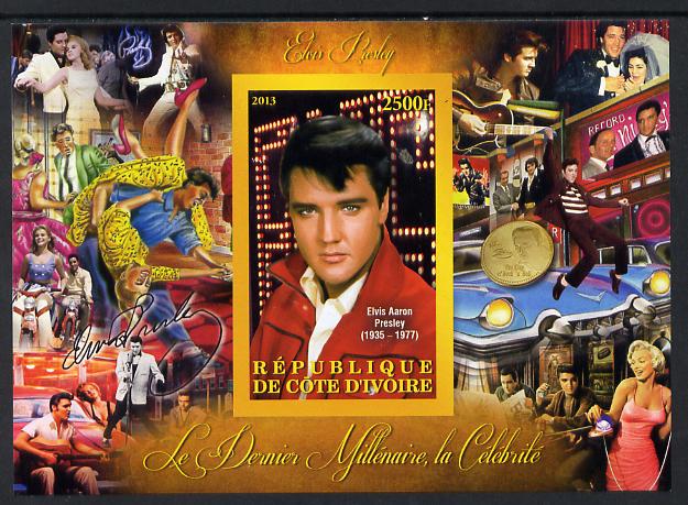 Ivory Coast 2013 Celebrities of the last Millennium - Elvis Presley imperf deluxe sheet containing one rectangular value unmounted mint, stamps on personalities, stamps on elvis, stamps on music, stamps on films, stamps on cinema, stamps on movies, stamps on pops, stamps on rock, stamps on marilyn, stamps on dance, stamps on dancing, stamps on 